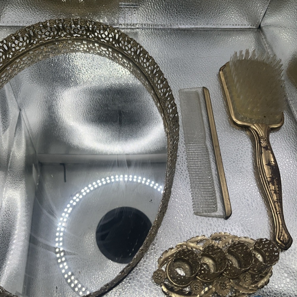 Vtg Oval Gold Ornate Vanity Mirrored Tray W Vtg Hair Brush Comb Lip Stick Holder